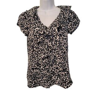 Banana Republic‎ PS Ruffle Front Blouse Black White Animal Print